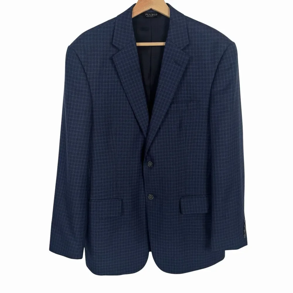 Jos. A Bank Travelers Collection Blazer 40R Tailored Fit Blue Plaid Wool Jacket